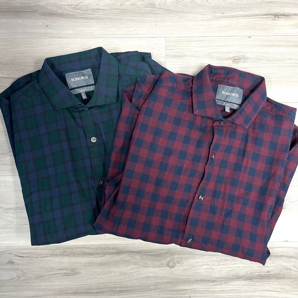 Bonobos Lot Set of 2‎ Green/Navy & Red/Navy Plaid Button Down Shirts Size Small